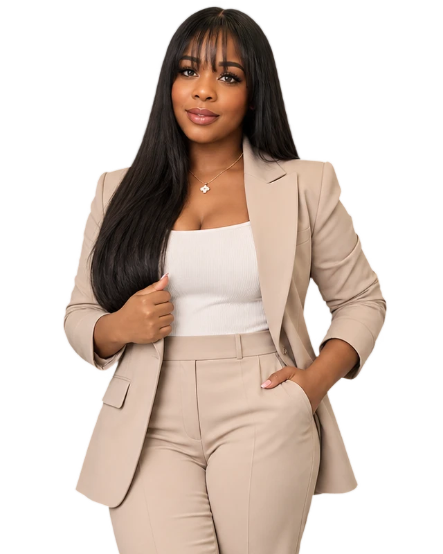 Aura Victoria Perez, Founder of Gold Star Credit, standing in a tailored beige suit